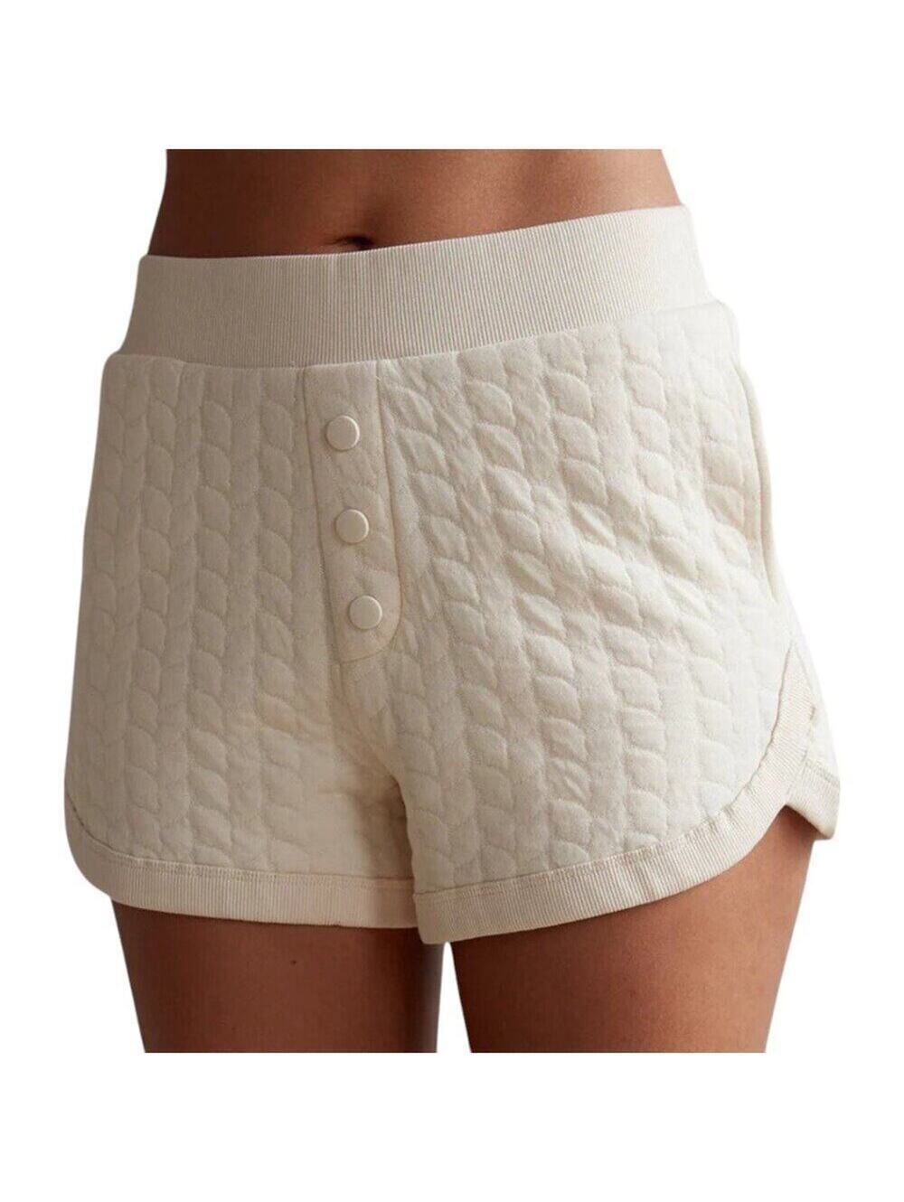 Grey State Apparel Quilted Knit Lounge Shorts Button Detail Eggnog Cream XS